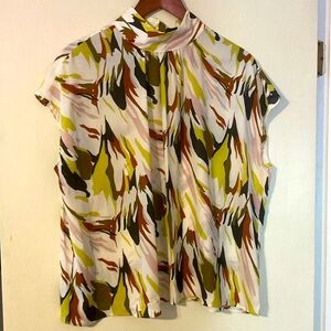 Worthington Green and Brown Blouse with Mandarin Collar